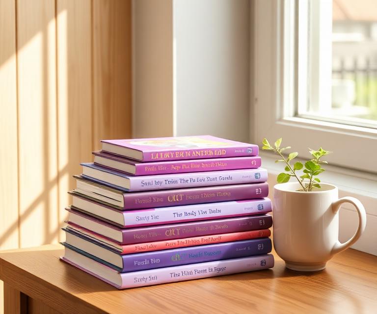 Stack of children's books on a wooden table