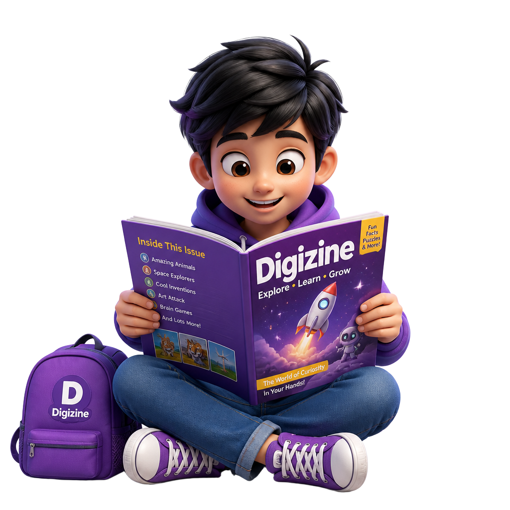 Smiling child reading the Digizine magazine